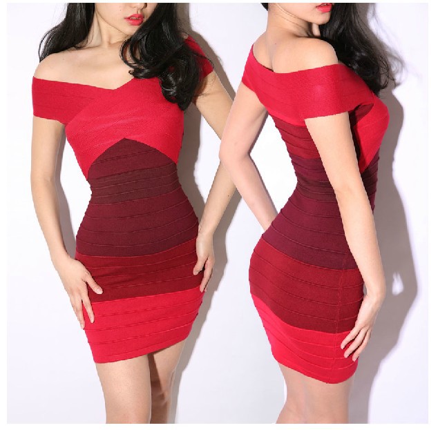 2013 new red gradient a word shoulder jersey bandage dress / F0809