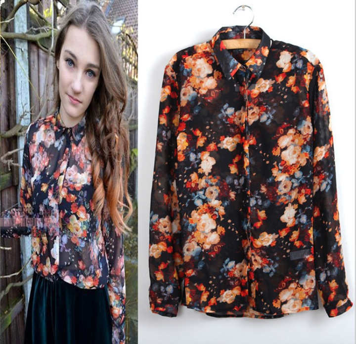 2013 New retro lapel long-sleeved print shirt /Free shipping/DZ022