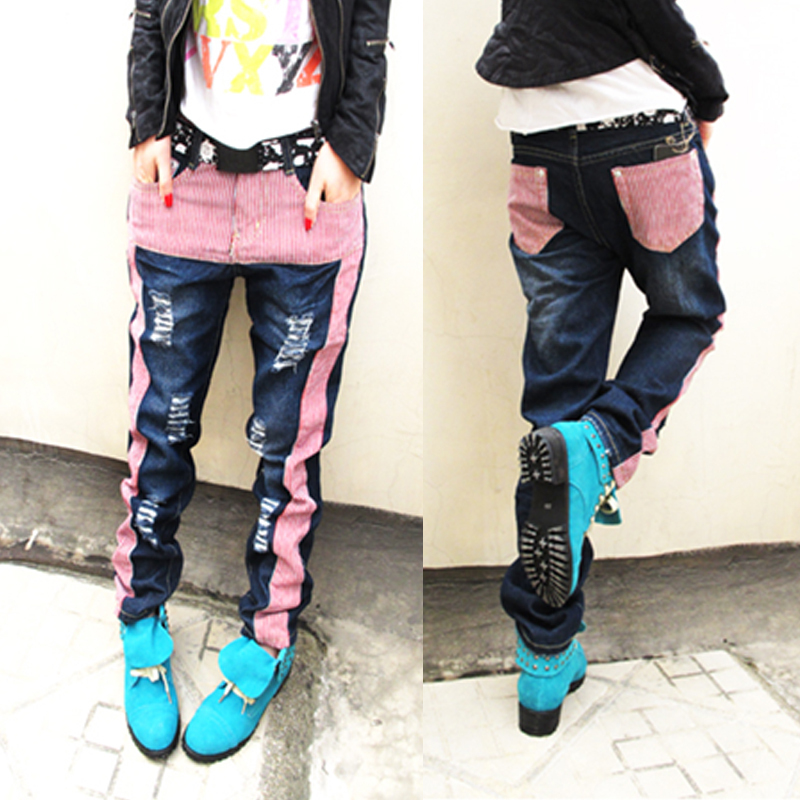 2013 new ripped jeans rip jeans for women brands fashion hip-hop dance across the pants stripe holes S032