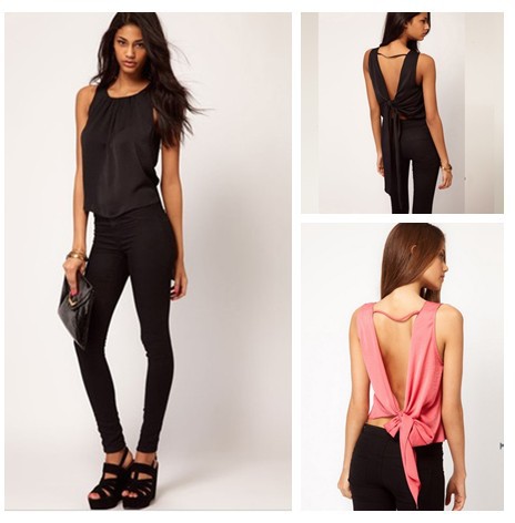 2013 New Sexy Backless Bowknot  Chiffon Short Blouse