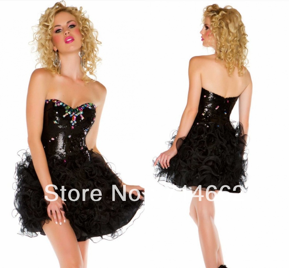 2013 New Sexy Black Graduation Dress Rhinestones Tulle Fabric MIni Ball Gown