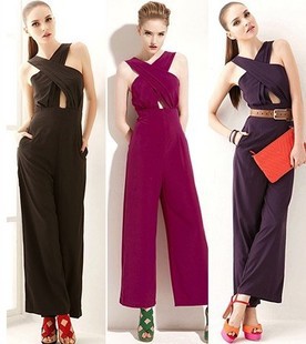 2013 New Sexy Eropean Elegant Women Slim Before Split Cross Elastic Siamese Trousers Backless High Waist Jumpsuit free shipping