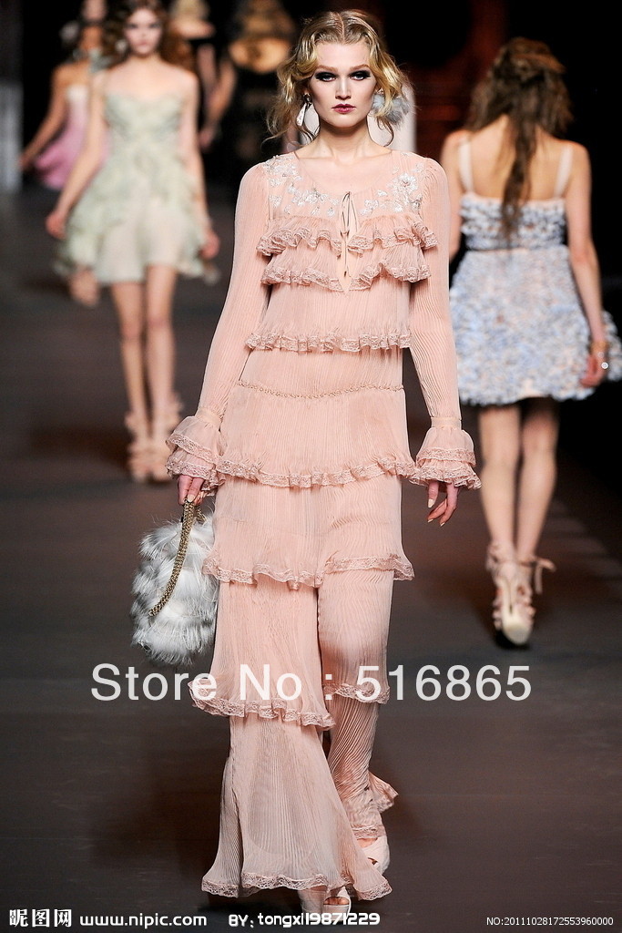 2013 New  Sexy Jewel  Long sleeve  Lace Zuhair murad  Chiffon Ruffles Celebrity Dresses