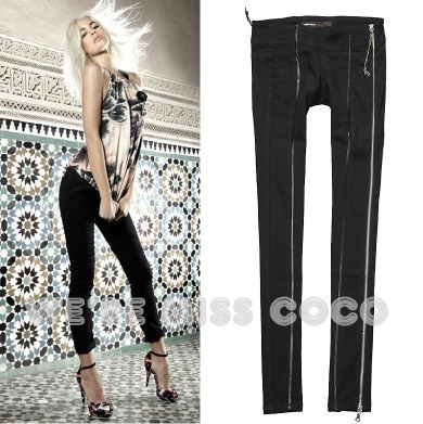 2013 New Sexy Leather Lace Splicing Tassel Long Zipper Skinny Low Rise Jeans for Ladies Women