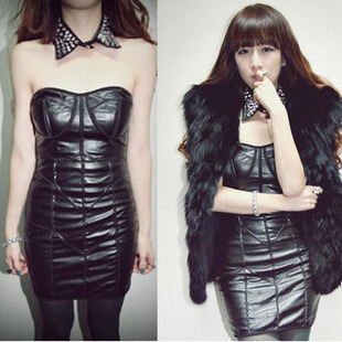 2013 new Shes-story punk rock medium-long leather slim hip slim tube top one-piece dress rockabilly