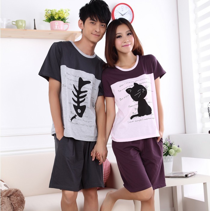 2013 NEW short sleeve cartoon women and men fall upset leisure wear two suits Free shipping  cats and fishes  pajamas