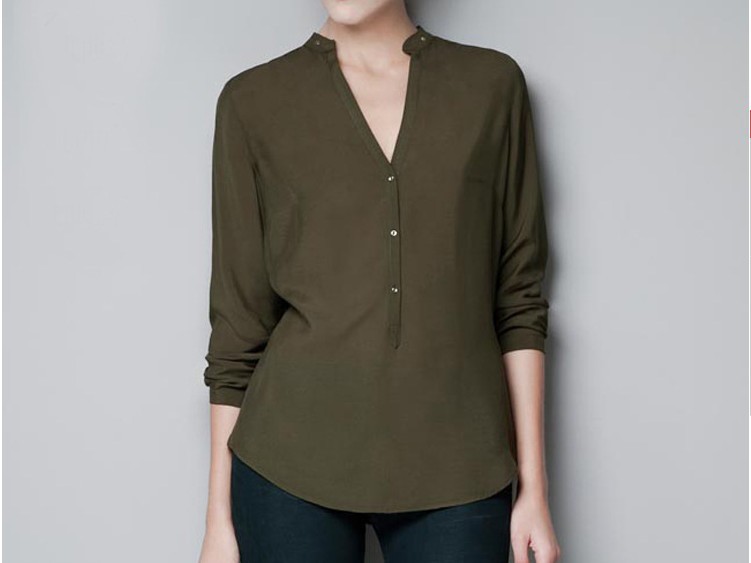 2013 new solid top ladies' fashion chiffon v neck sexy blouse long sleeve stand collar white shirt  hotsale free shipping