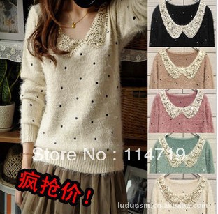 2013 NEW  spring autumn winter Hot-selling Fashion women lady's Clothing Doll collar and Paillette Decoration sweater knitwear