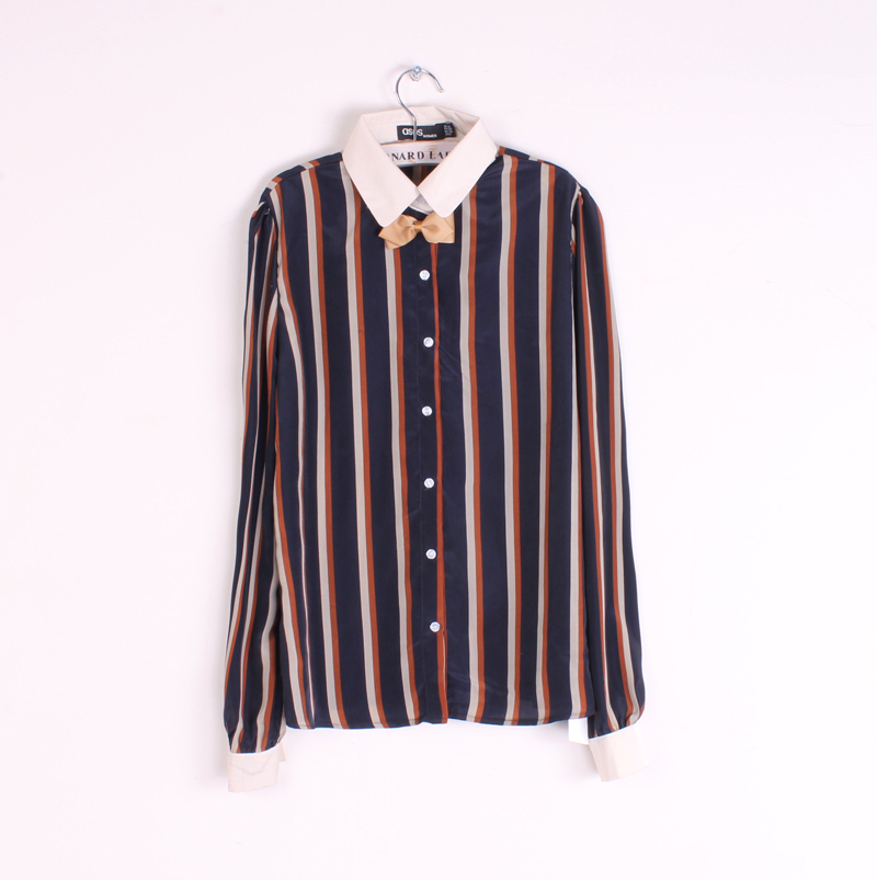 2013 New Spring Chiffon Striped Puff Sleeve Bow All-Match Soft Shirt Female High Quality