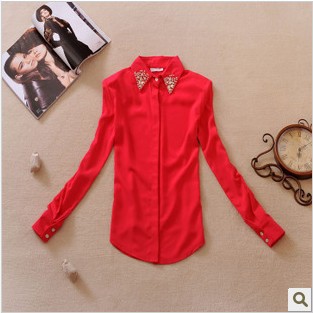 2013 new spring dresses Vintage Rhinestone beading Korean commuter OL loose long-sleeved shirt / blouse cj363
