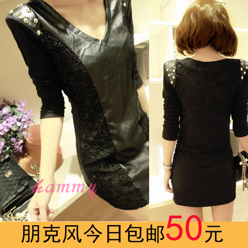 2013 new spring fashion spring and winter slim punk lace patchwork rivet long-sleeve leather one-piece dress