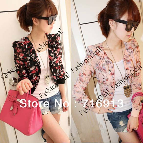 2013 New Spring Fashion Women Long Sleeve Floral Print Shrug Short Jacket Chiffon Top 3 Colors Free Shipping 7339