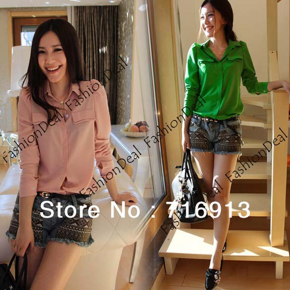 2013 New Spring Korea Women's Candy Color OL Long Sleeve Button Down Chiffon Shirt Shoulder Padded Tops Free Shiiping7482
