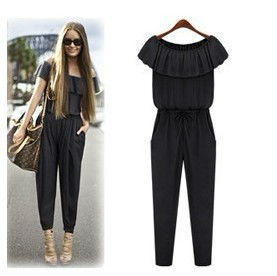 2013 New Spring Summer Solid Layers Bra Nine Points Flouncing Siamese Black Pants Capris Jumpsuits Rompers DropShip S03050018