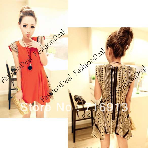 2013 New Spring/Summer Women Retro Individuality Geometric Patterns Shoulder Pads Short Sleeve Chiffon Dress Free Shipping 3889