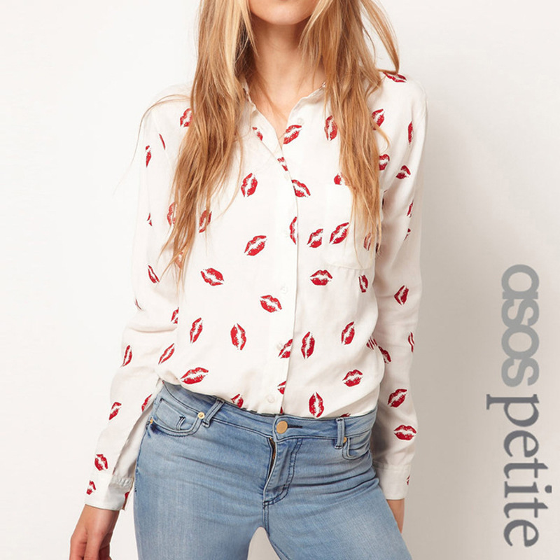 2013  new spring summer women's long-sleeved shirt lip print shirt chiffon fashion blouse