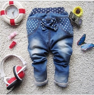 2013 New Style 2-6Years Girls Pretty Polka Dot Patchwork Bow Jeans 5pieces/lot Best Sale Kids Spring Casual Jeans