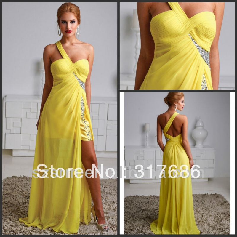 2013 New Style Chiffon One-Shoulder High Low Long A-line Beaded Yellow Prom Dresses Cheap