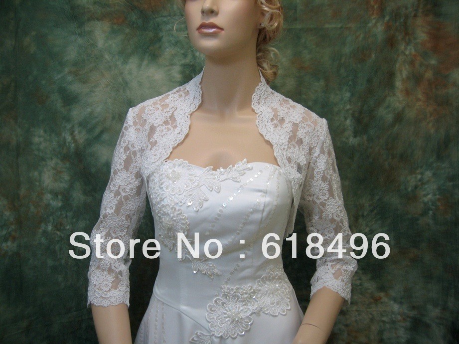 2013 New Style Custom Made Lace Wedding Jackets 3/4 Sleeve Front open  Alencon Lace Bridal Wraps