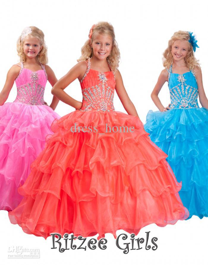 2013 New Style Cute Gowns Ball Gown Halter Floor Length Organza Beaded TieredFlower Girl Dresses