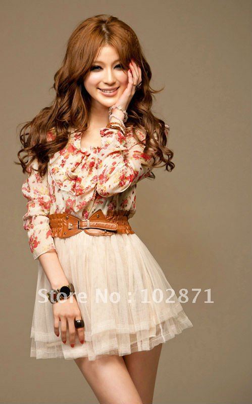 2013 New Style Floral Long Sleeve Dress/Fashion dress+ Belt/ Pink +Free shipping