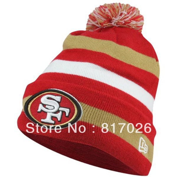 2013 New Style, Free Shipping, 49ers beanie with pom top,  winter warm hat, football beanie