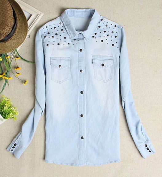2013 New Style Long Sleeve Rivet Embellished Jean Blouse Women Blouse