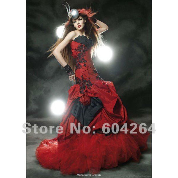 2013 new  style scolloped Red And Black  taffeta Mermaid court train evening dress prom dress