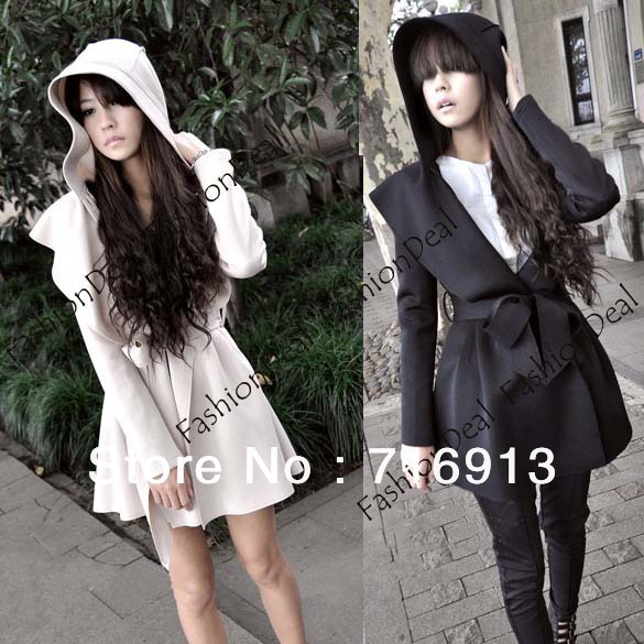 2013 New Stylish Women's Korea Trench Hooded Coat Trench Outerwear Dress Style Tops 2 colors Free Shipping 3487