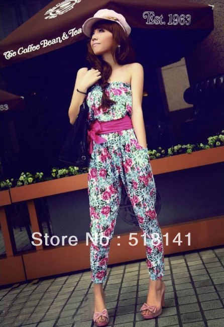 2013 new summer euramerican style floral jumpsuit in a belted strapless haroun pants jumpsuits