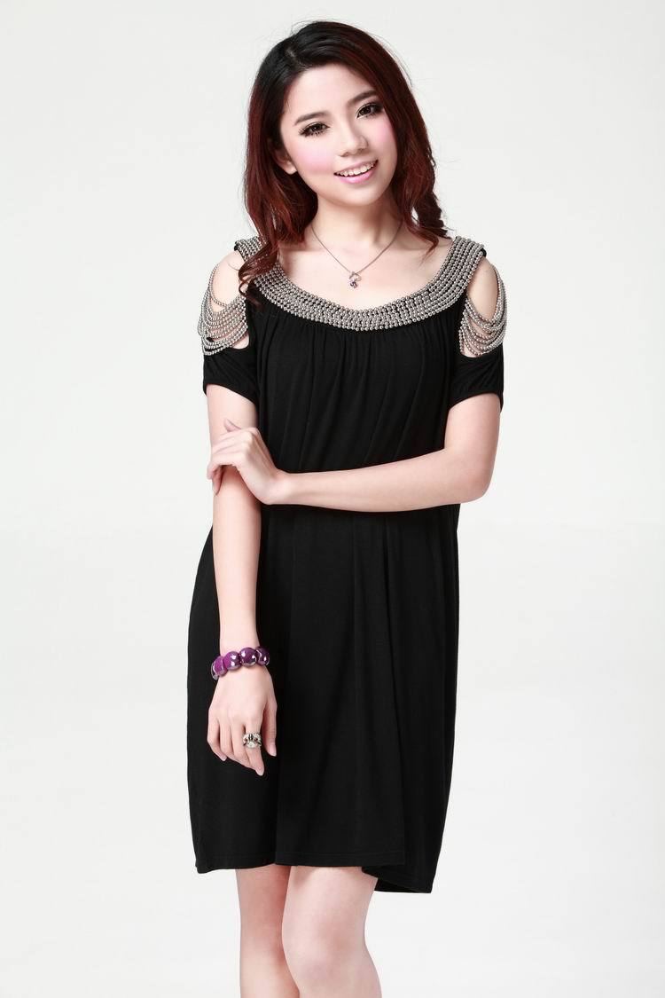 2013 new summer large size clothing short-sleeved Black Beaded sweet temperament leisure dress free shipping