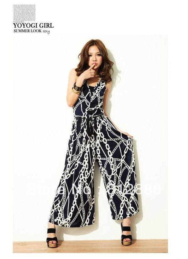 2013 new  summer long romper loose Jumpsuits & Rompers sleeveless overalls women chain printed dark blue/white  free shipping