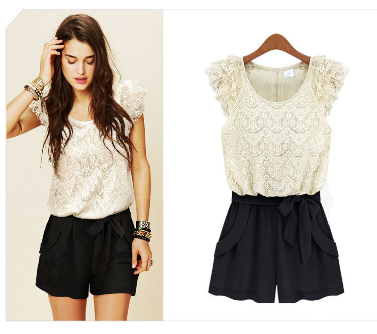 2013 new summer woman chiffion lace patchwork romper , lace ruffle sleeve jumpsuits overall,women shorts,women summer wear