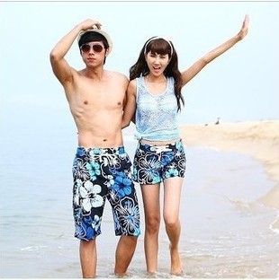2013 new swimwear for lovers blue flowered colored couple beachswimming pants swimsuit women/men shorts size L XL XXL