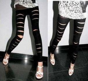 2013 new  The peppers with paragraph tear faux leather matt personality hole in leggings