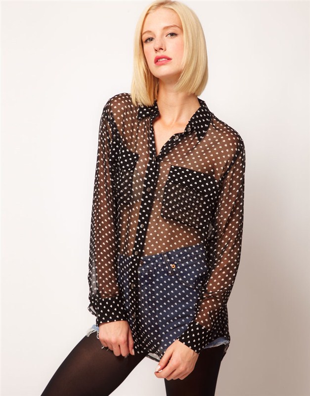 2013 NEW, unique heart shape printed big pockets SEXY perspective chiffon ladies blouse shirt