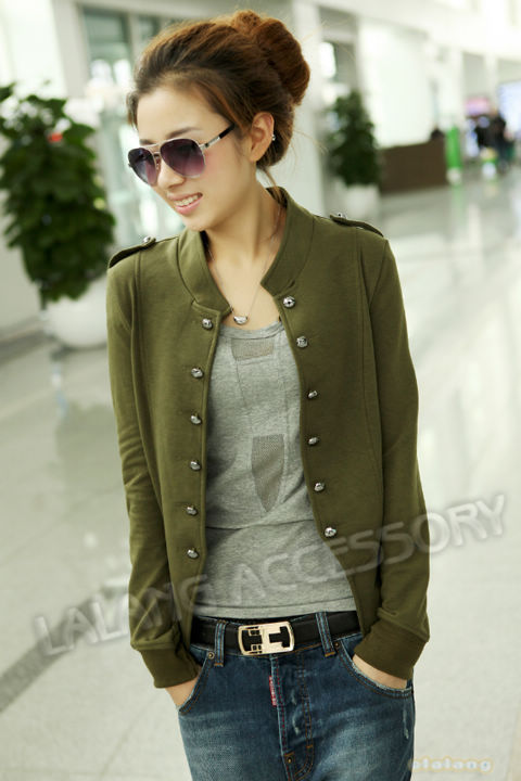 2013 New Wholesale 1pcs Lady Double-breasted Long Sleeve Jacket Coat Army Green / Blue/ Black Color  4 SIze M /L/XL/XXL  650910