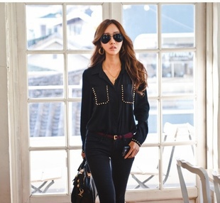 2013 New Women Casual Studs on pocket Shirts,freeshipping