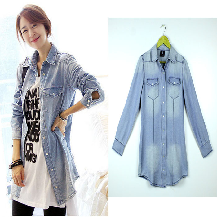 2013 New women clothing han edition fashion vintage water wash long-sleeve Slim blouse denim shirt Free shipping