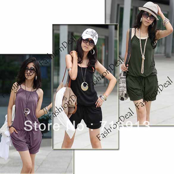 2013 New Women Fashion Sleeveless Romper Strap Short Jumpsuit Scoop Three Color Free Shipping 3168
