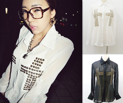 2013 New Women Punk Sexy Halter Cross Rivet Perspective Lapel Chiffon Yar Shirts Blouse Plus size Free Shipping