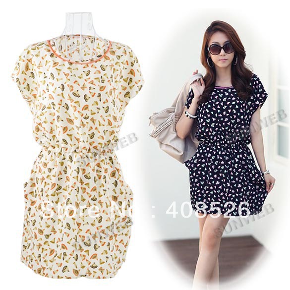 2013 New Women Round Neck Floral Prints Sleeveless Shirt Chiffon Dress Free shipping 10047