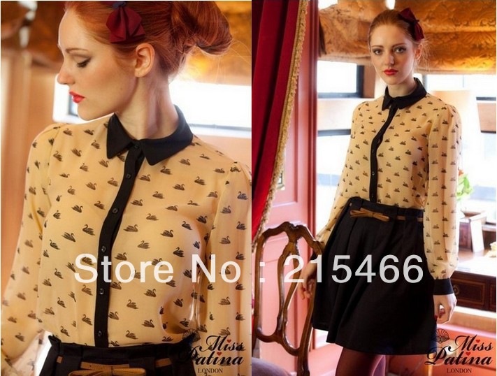2013 New Women's Chiffon Long Sleeve Turn-down Collar Animal  print Shirts Blouse Vintage Elegant Fashion Free Shipping
