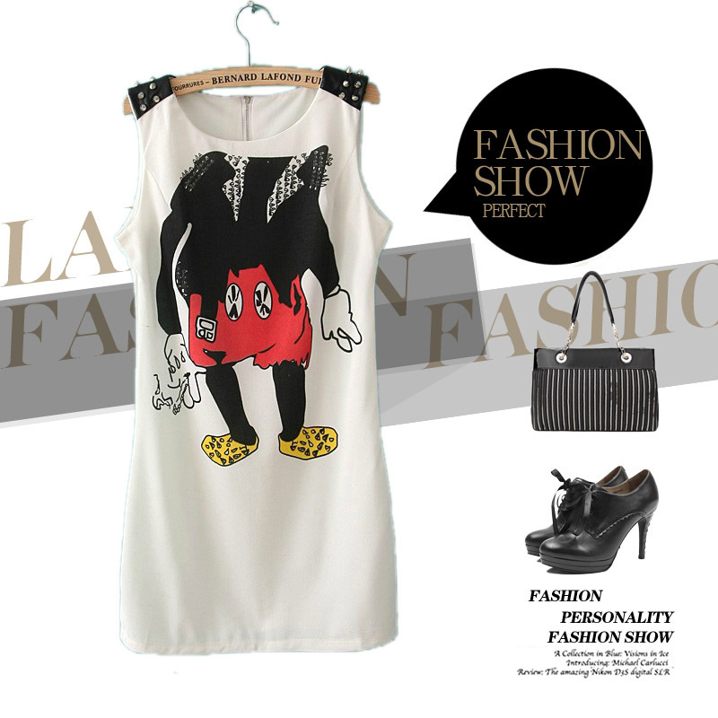 2013 New! Women's Cute Mickey prints Studs on Leather shoudler Casual Chiffon Dress, freeshipping