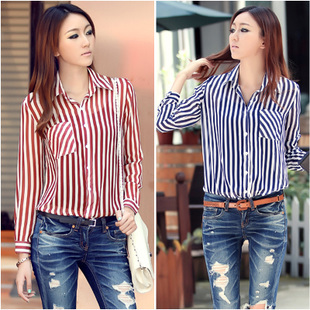 2013 new Women's European Leisure Stripe Lapel Long Sleeve Chiffon Shirts Blouse 2 Colors free shpping