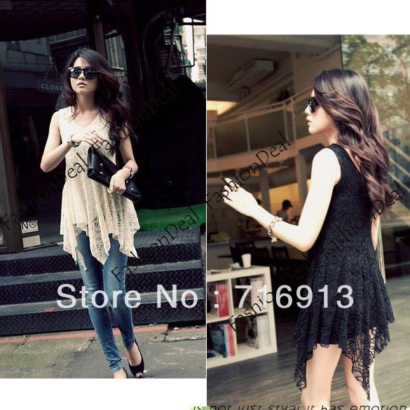 2013 New Women's Fashion Sexy Asymmetrical Sleeveless Mini Lace Dress 2 Color Free Shipping 10264