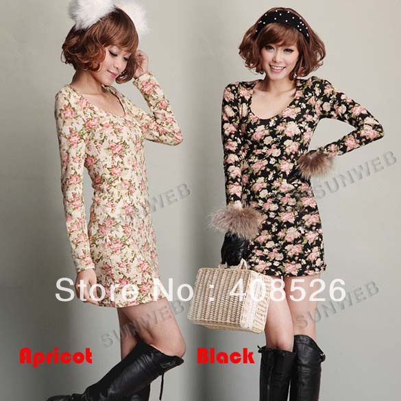2013 New Women's Ladies Elegant fashion Sweet Flower Slim Stretch long sleeve Mini Dress Black/ Apricot free shipping 9408