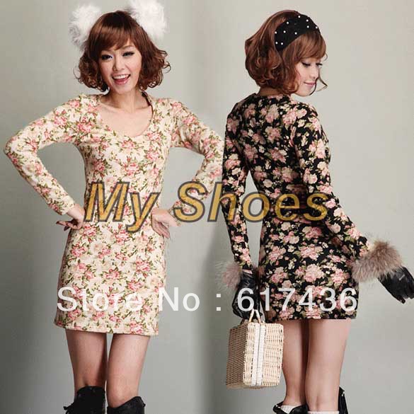 2013 New Women's Ladies Elegant fashion Sweet Flower Slim Stretch long sleeve Mini Dress Black/ Apricot free shipping 9408