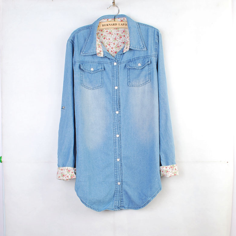 2013 new Women's light color thin medium-long denim shirt women's plus size outerwear long-sleeve shirt