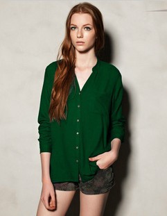 2013 NEW Women's Spring Fashion V-Neck 2 Pocket Silm Long Sleeve Shirt Female Casual Top Blouse free shipping